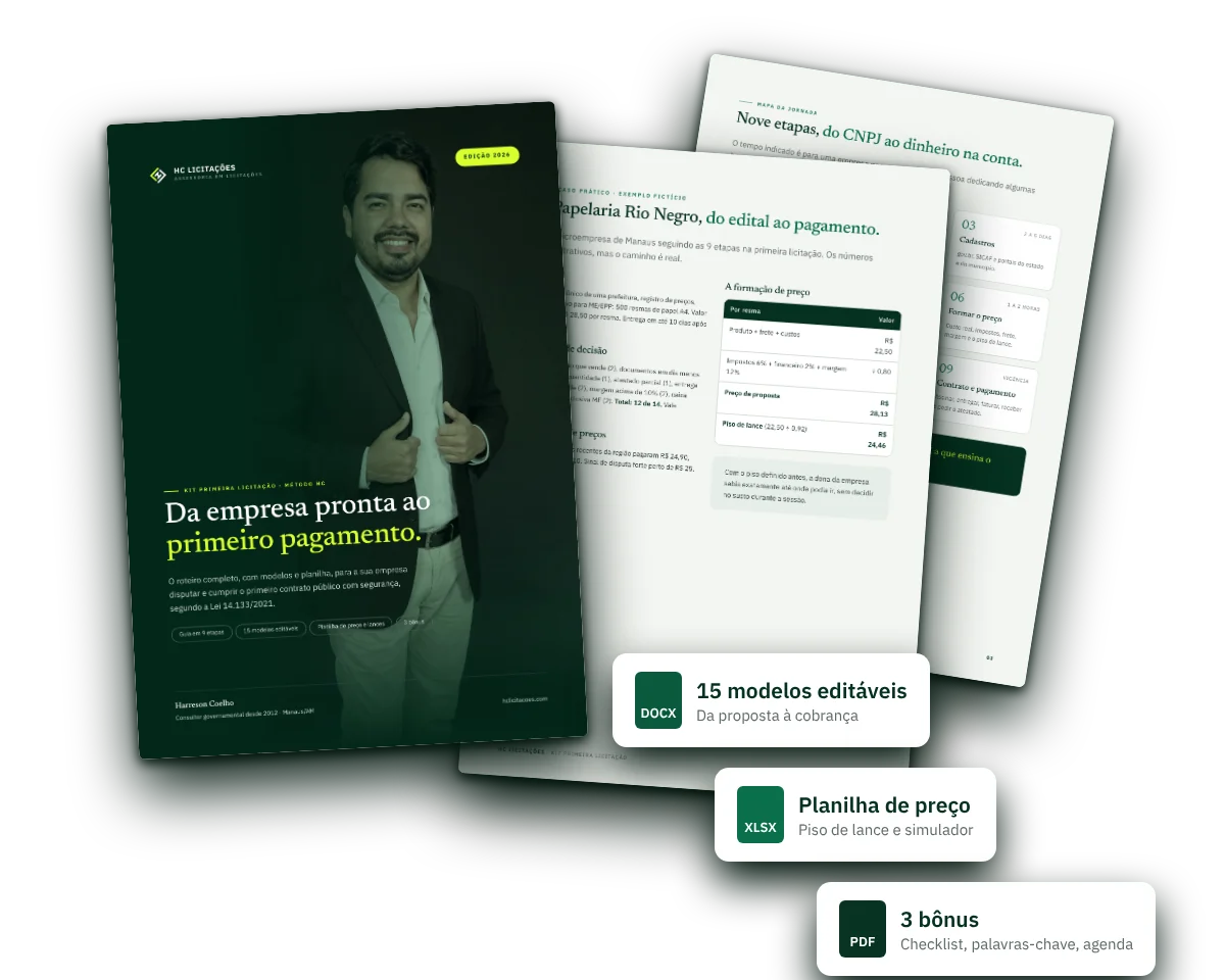 Guia do Kit Primeira Licitação, modelos em Word, planilha de preço e bônus